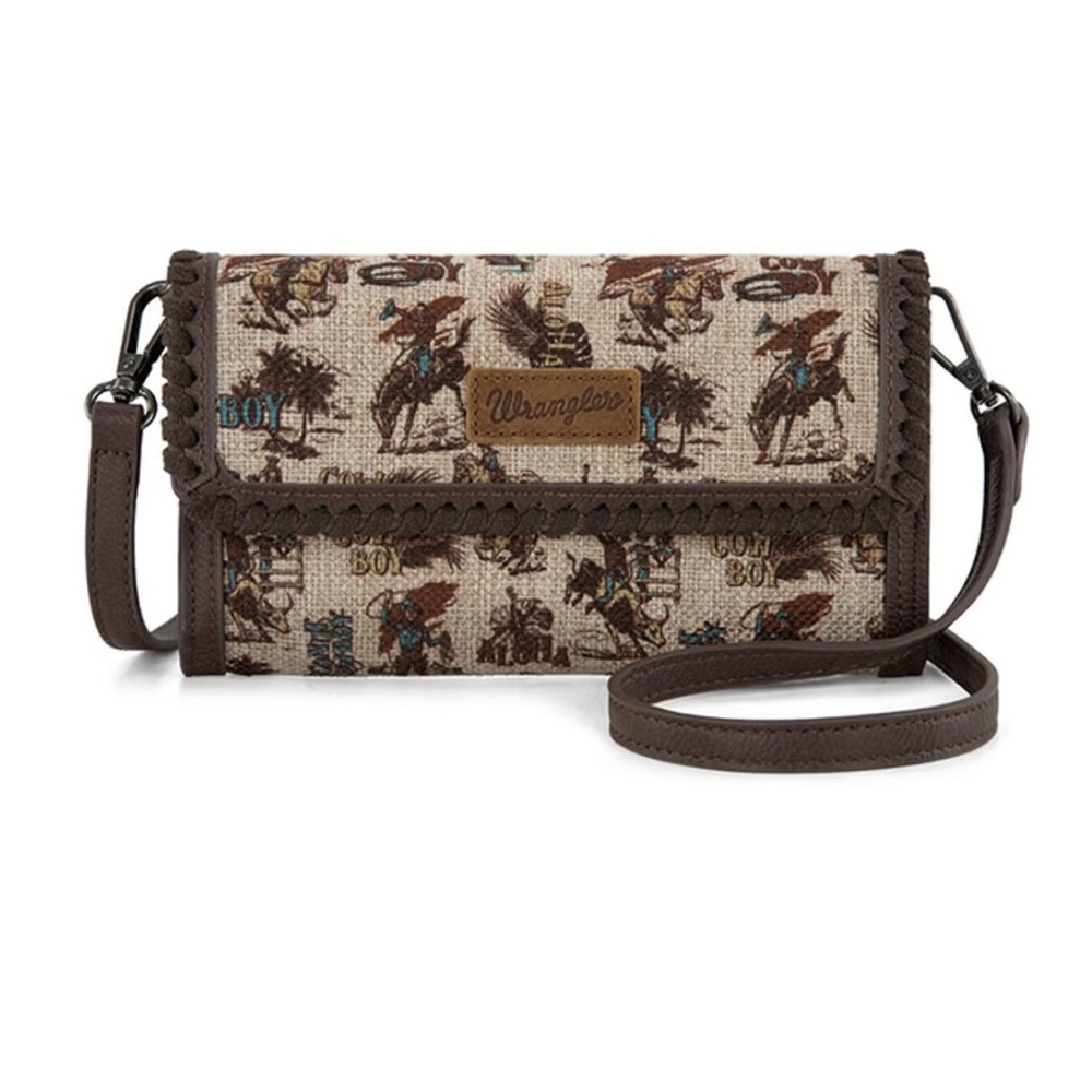 Wrangler Beige Brown Cowboy Print Crossbody Wallet